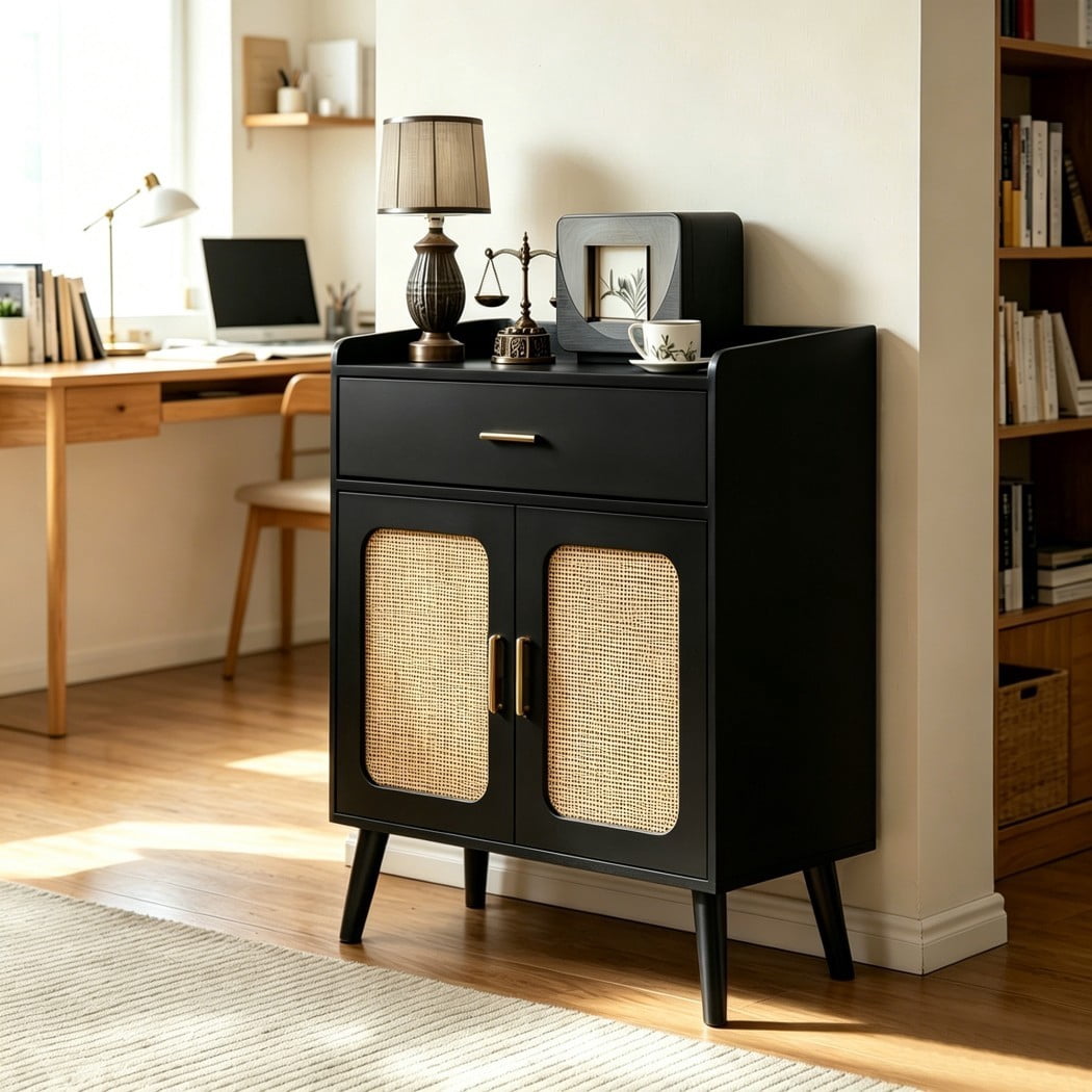 Farmhouse Buffet Cabinet, Kitchen Storage Cabinet with 1 Drawer & 2 Doors, Sideboard Cabinet with Solid Wood Feet for Dining Room, Living Room & Entryway, Black