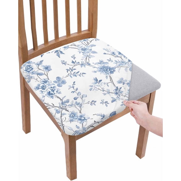 Blue White Spring Floral Chair Seat Covers for Dining Room Stretch Chair Seat Covers Set of 2, Summer Botanical Birds Chair Seat Protector Cushion Slipcovers for Kitchen Restaurant Office