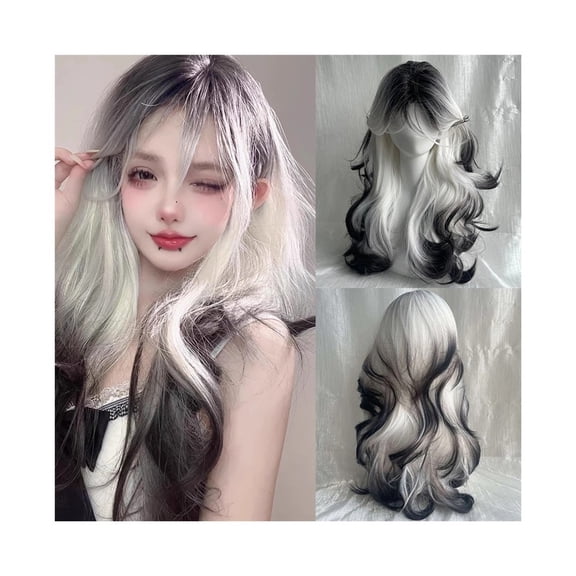 Black Ombre White Synthetic Long Wavy Wig Middle Part Fluffy Cosplay Women Wig for Party