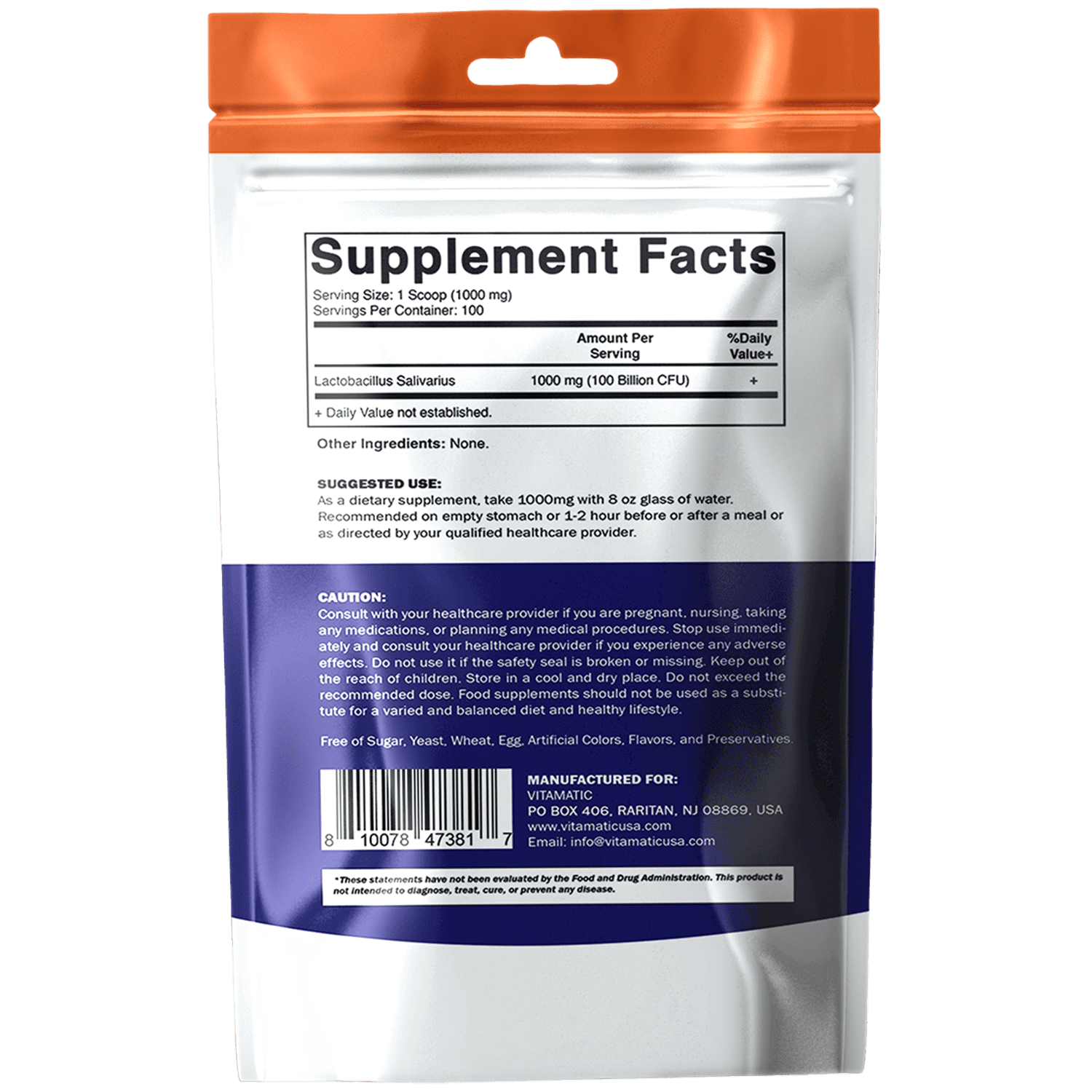 Vitamatic Lactobacillus Salivarius Probiotic Powder - Digestive Support - 100 Gram (3.5 OZ) - 100 Servings