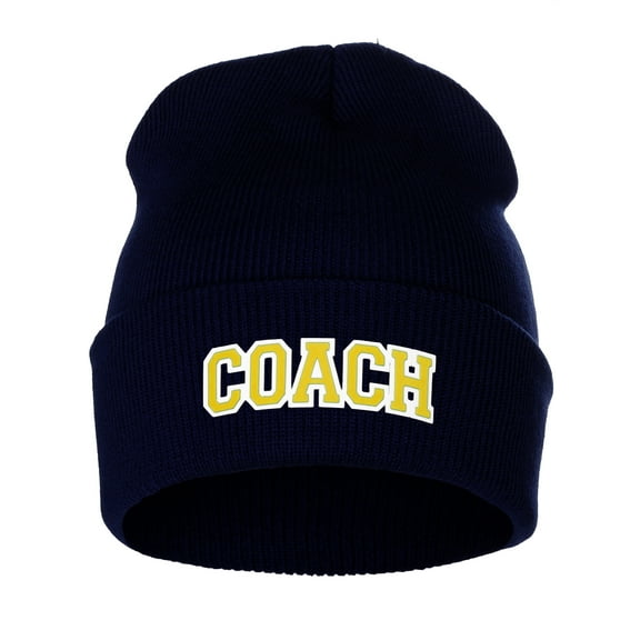I&W Sports Team Coach Arch Letters Winter Knit Cuffed Beanie Hat, Navy Beanie White Gold