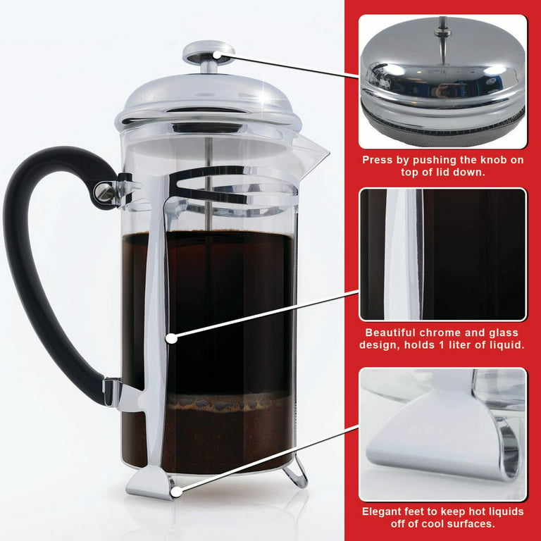Best French Press Coffee Maker (Ultra Fine Filtration) 1 Liter (34 Ounce)  Brews 4 Cups of Coffee, Extra Fine Stainless Steel Filtration, Cafetiere,  Extras Included! 