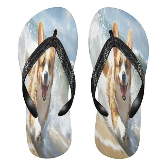 YAZAOOSummer Flip Flops Creatively Corgi on Beach Simple Beach Sandals