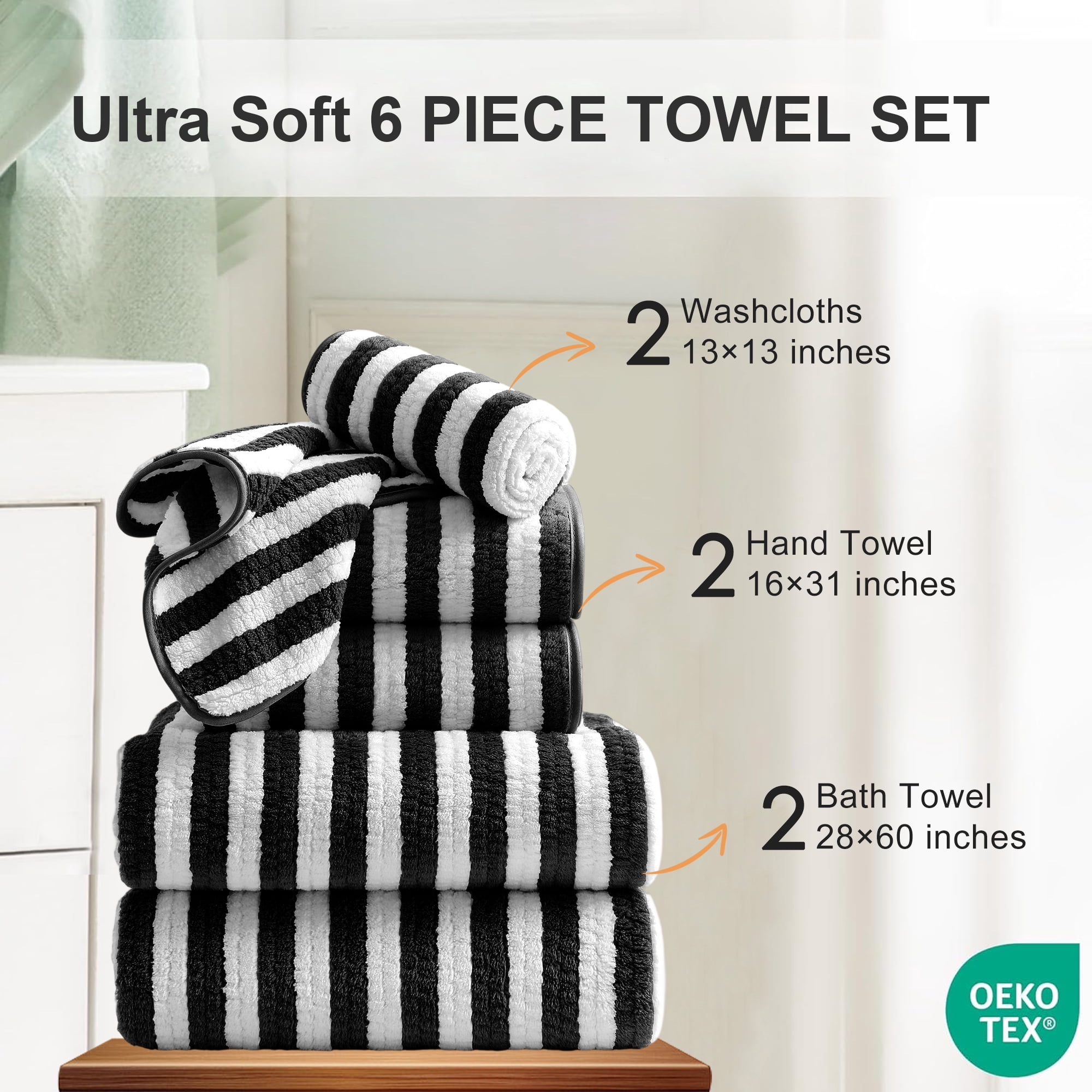 Jessy Home 6 Piece Black White Bath Towel Set for Bathroom-2 Bath Towels,2 Hand Towels,2 Washcloths Soft and Plush Highly Absorbent Towel for Hotel & Spa