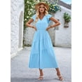 thumbnail image 5 of Women'S 2025 Summer Casual Flutter Short Sleeve Crew Neck Smocked Elastic Waist Tiered Midi Dress Light Blue L, 5 of 9