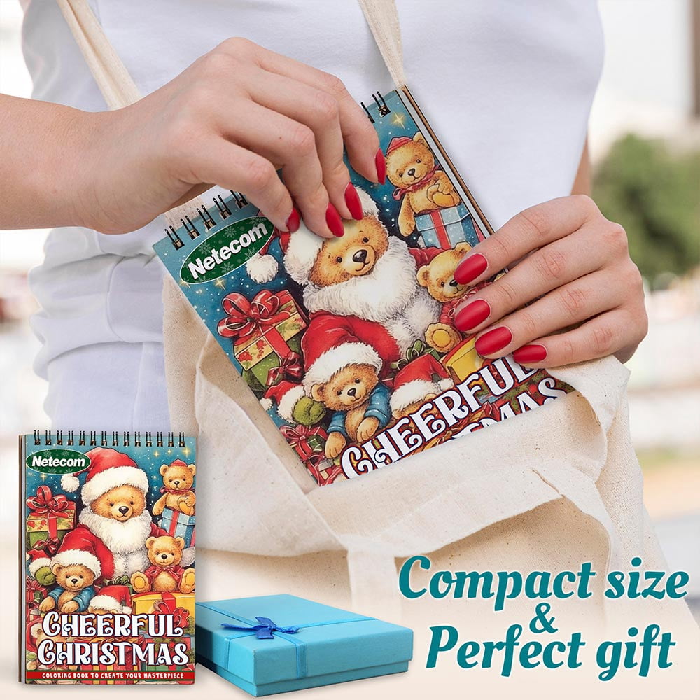 Netecom Cheerful Christmas Coloring Book Spiral Bound For Adults, A5 Wooden Cover, 30 Joyful Coloring Pages of Festive Holiday Scenes for Stress Relief and Relaxation