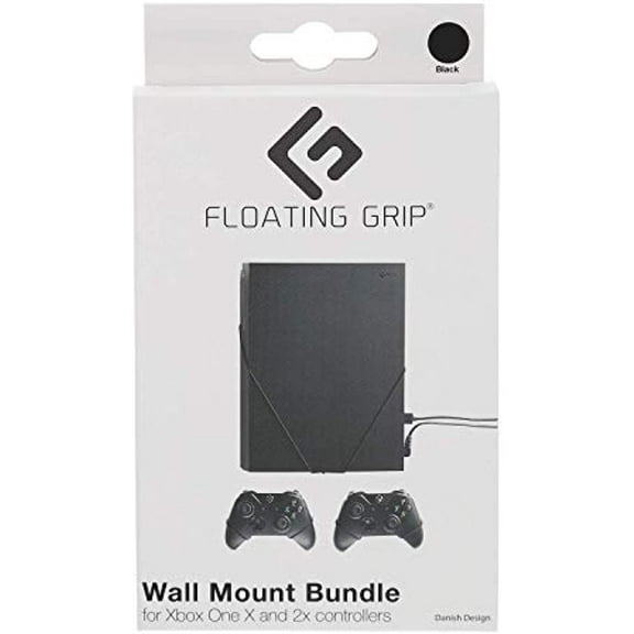 Xbox One X Wall Mount Solution by FLOATING GRIP - Mounting Kit for Hanging Gaming Consoles - Strong & Slim Ropes - Easy-to-Install System (Bundle: Fits Xbox One X   x2 Controllers, Black)