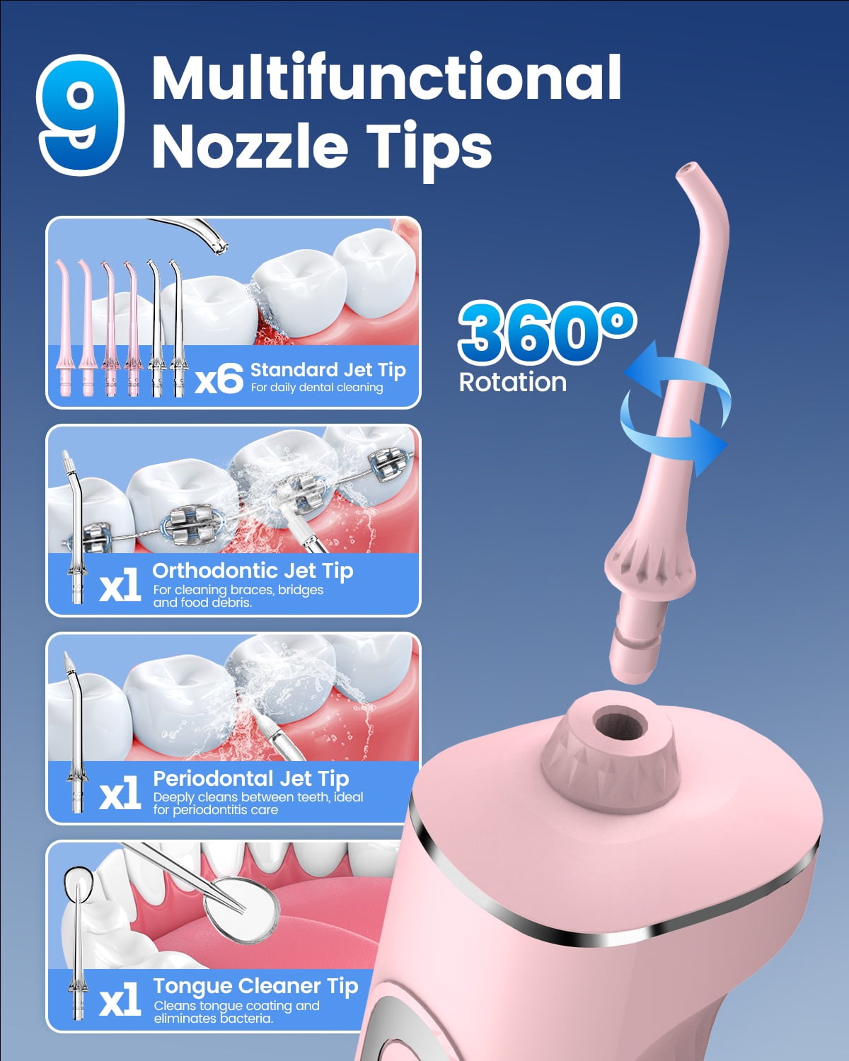 JTF Cordless Water Flosser for Teeth: 3 Modes & 10 DIY Pressure Levels Portable Oral Irrigator for Braces & Sensitive Gums with 9 Tips & 300ML Tank, Rechargeable Electric Dental Pick for Home Travel
