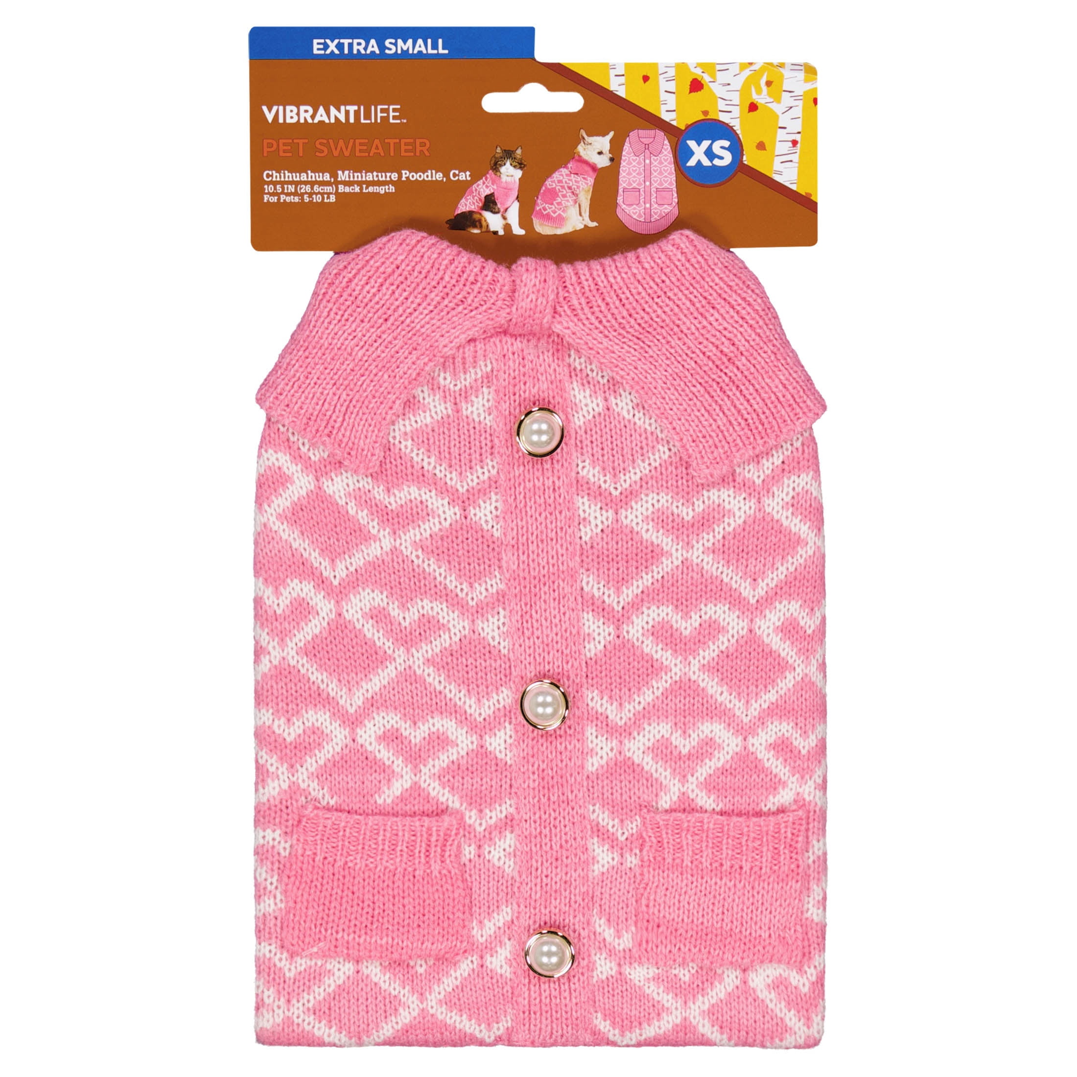 Vibrant Life Sweater for Dogs and Cats, Hearts with Pearl Buttons, Pink, XS
