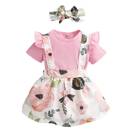 

Fesfesfes Baby Clothing Toddler Girls Short Sleeve Floral Suspender Skirt Headband Set