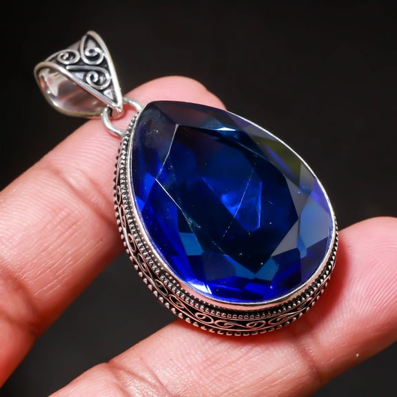 Tanzanite Quartz Gemstone Pendant Handmade Gift Pear Shape Vintage Jewelry 2.20"