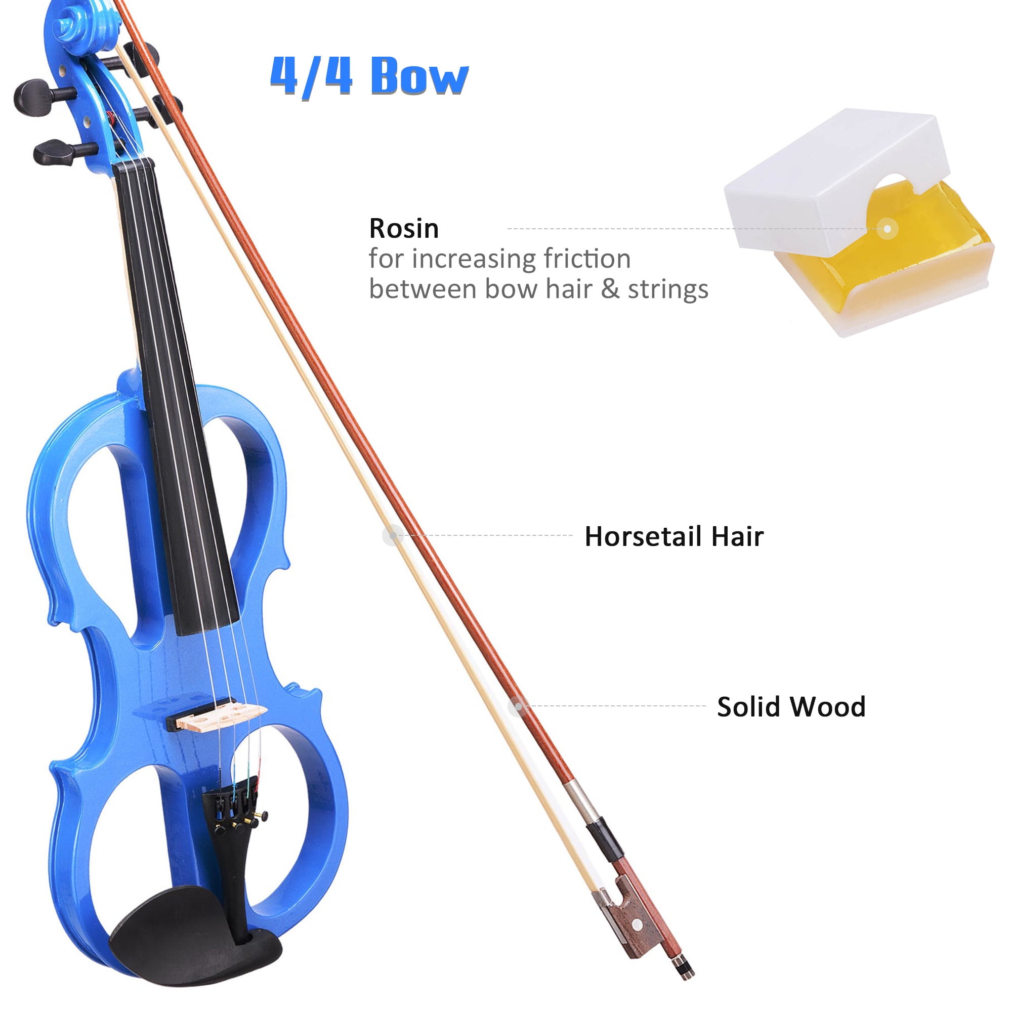 4/4 Electric Violin Full Size Wood Silent Fiddle Stringed Instrument Bow Headphone Case Blue