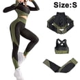 thumbnail image 1 of Conjunto de entrenamiento para mujer Hukapapa de 3 piezas, chándal, leggings de yoga sin costuras con realce de cadera y sujetador deportivo elástico, conjunto de ropa de gimnasio, verde militar, S, 1 of 8