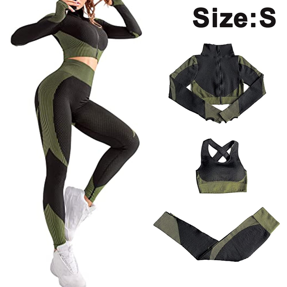 Xcgwst Women s Workout Outfit 3 Pieces Tracksuit Seamless Hip Lift Yoga Leggings And Stretch Sports Bra Gym Clothes Set Other L