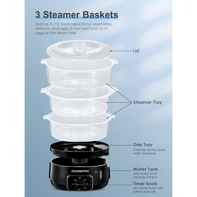 Cozeemax Electric Food Steamer, 13.7 Qt, 3-Tier, Stainless Steel