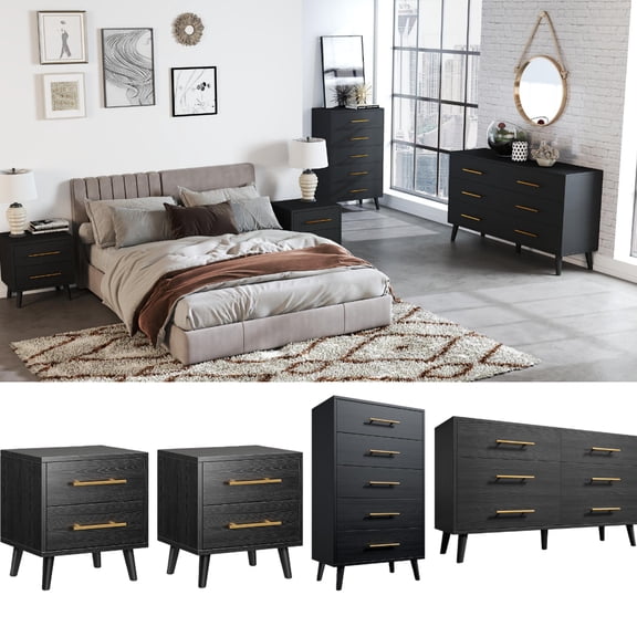 Noelse Bedroom Set with Storage, Includes 6 Drawer Dresser, 5 Drawer Chest, and 2 Nightstands, Modern Bedroom Furniture Set for Small Spaces Wood Dresser Set with Metal Handles,Black