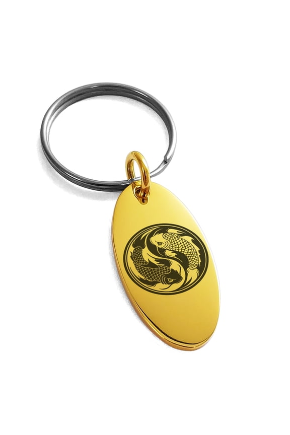 Stainless Steel Koi Fish Yin Yang Engraved Small Oval Charm Keychain Keyring