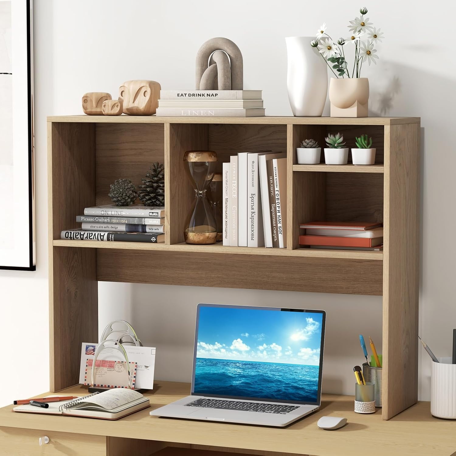 CRXX Desktop Bookshelf, Countertop Storage Hutch with 4 Shelves for Computer Desk, Dressing Tabletop Display Rack, Multipurpose Desk Hutch Storage Organizer for Home Office Dorm, Natural