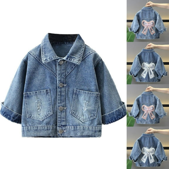 NAISIBABY Girls Denim Jacket, Back Bowknot Button Up with Pockets Long Sleeve Spring Fall Fashion Cowgirl Outwear White 12T
