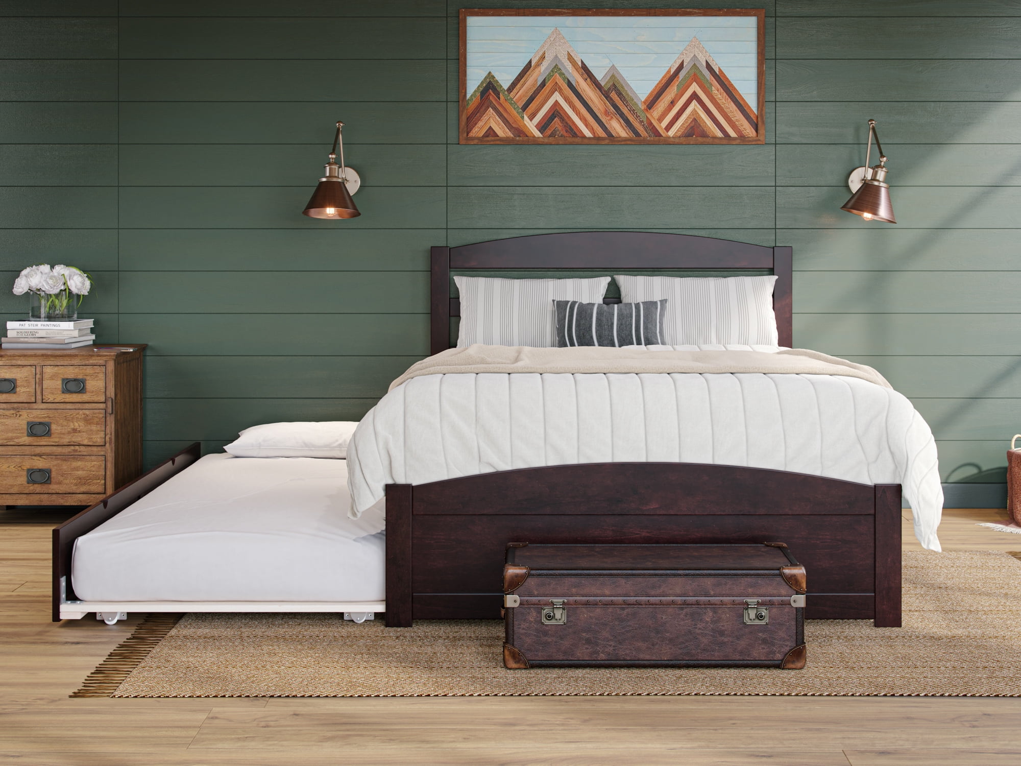 AFI Warren Full Wood Platform Bed with Headboard Footboard & Twin Trundle, Espresso