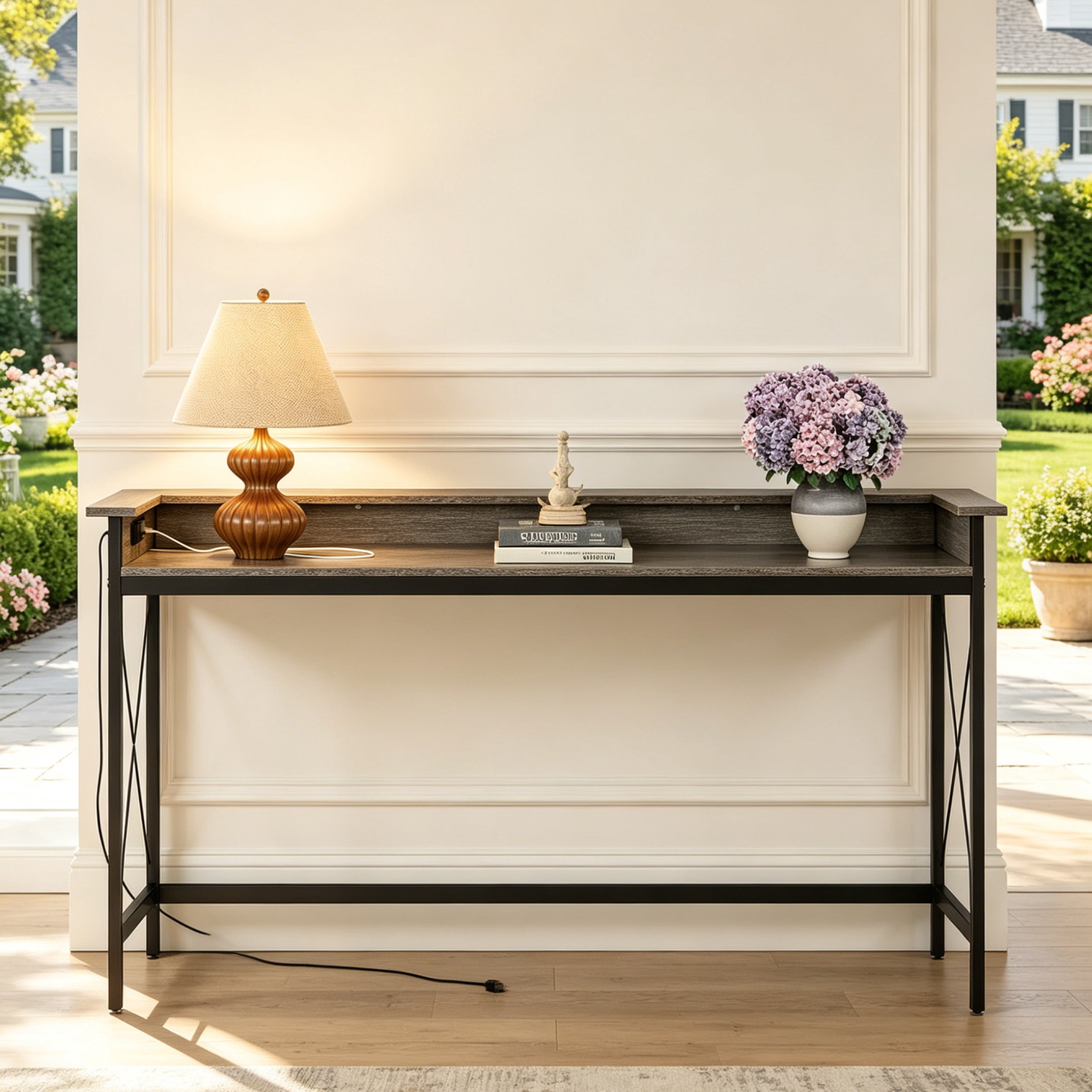 Fnova 70.9" Console Table, Extra Long Sofa Table with Outlets and USB Ports, Industrial Entryway Table with Charging Station, Narrow Hallway Accent Table for Living Room, Hallway, Foyer