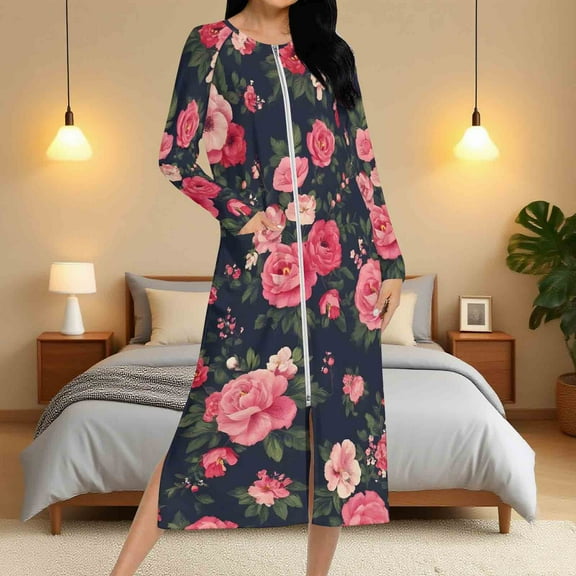Aboser Long Sleeve Zipper Robes for Women Soft Floral Printed House Coat Casual Zip Front Nightgown Breathable Full Length Loungewear Sleepwear Bathrobe with Pockets