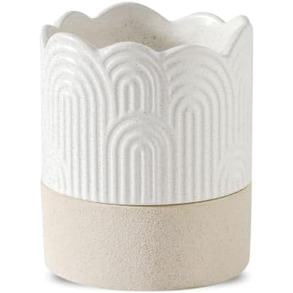 Self Watering Plant Pot: 4.5 Inch Ceramic Planter with Drainage Hole & Water Storage Plus for Indoor & Outdoor Plants - Cylinder Flower Pot for Herbs/Violets - Beige & Nature