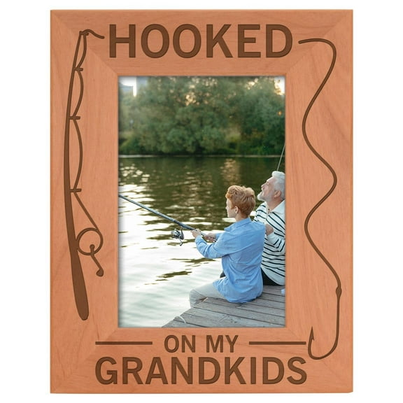 ThisWear Gift for Grandpa Hooked On My Grandkids Natural Wood Engraved 4x6 Portrait Picture Frame Wood