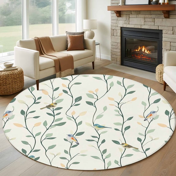 Green Botanical Round Area Rug 5 FT, Non Slip Bedroom Rugs, Spring Summer Birds Watercolor Washable Soft Circular Carpet Non-Shedding Floor Mat for Kitchen Dining Room Foyer Balcony Dorm