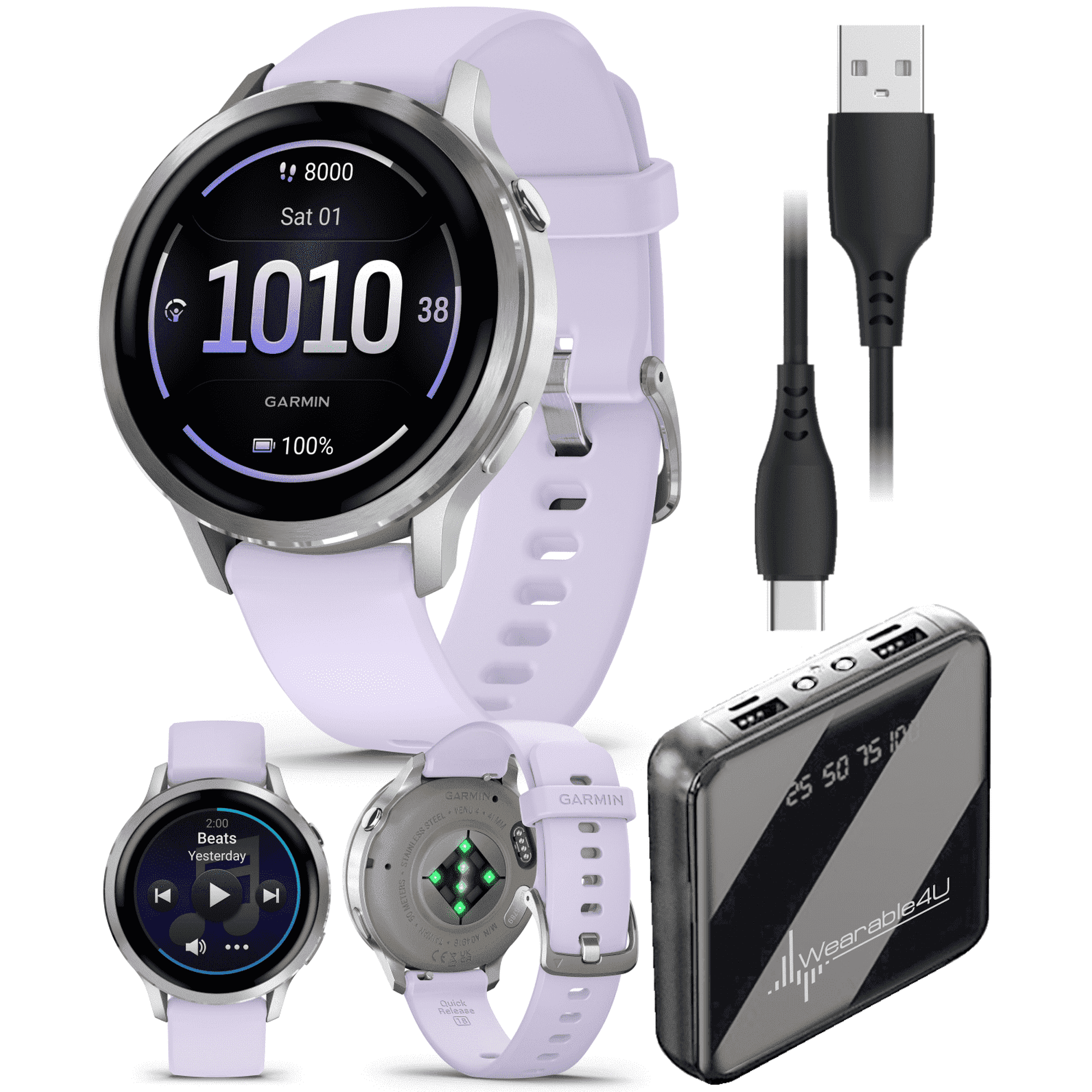 Garmin Venu 4 - 41mm AMOLED Advanced Health & Fitness GPS Smartwatch, Bright & Colorful Display, Flashlight, Up to 10 Days, Silver w/ Periwinkle Silicone Band w/Wearable4U PowerBank Bundle