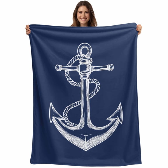 Flannel Fleece Throw Blanket Nautical Sailing Anchor String Sketch Lightweight Soft Plush Blankets,Marine Navy Blue White Cozy Warm Throw Blanket for Couch Sofa Bed Car Office 40x50in
