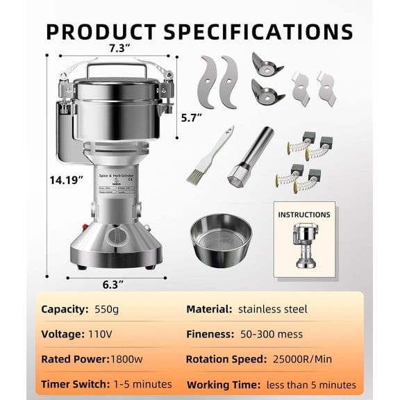 Electric Grain Mill 550g, Flour Grinder Mill Stainless Steel for Home