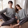 thumbnail image 2 of Conjuntos de Pijamas de algodón 100% para parejas, ropa de dormir cómoda de talla grande para Otoño e Invierno, 2 of 4