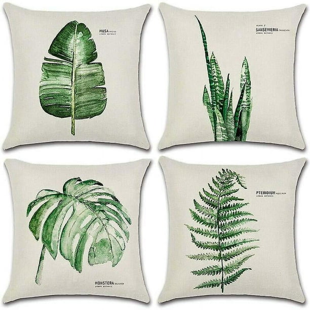 Fundas de Cojines para Exteriores, Juego de 4 Fundas de Almohada para sofá con patrón de Hojas Verdes Impermeables para decoración de Patio, jardín, Sala de Estar, Dormitorio, 45x45 cm -A