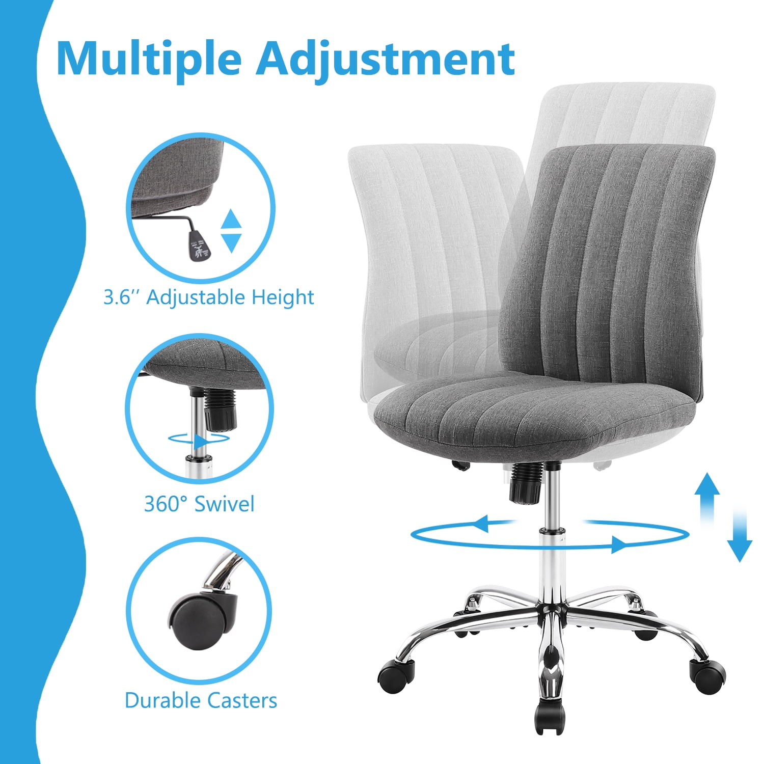 JOINSUN Mid-Back Vanity Chair, Adjustable Rolling Chair, Armless Modern Design for Home Office, Makeup & Small Spaces - Gray