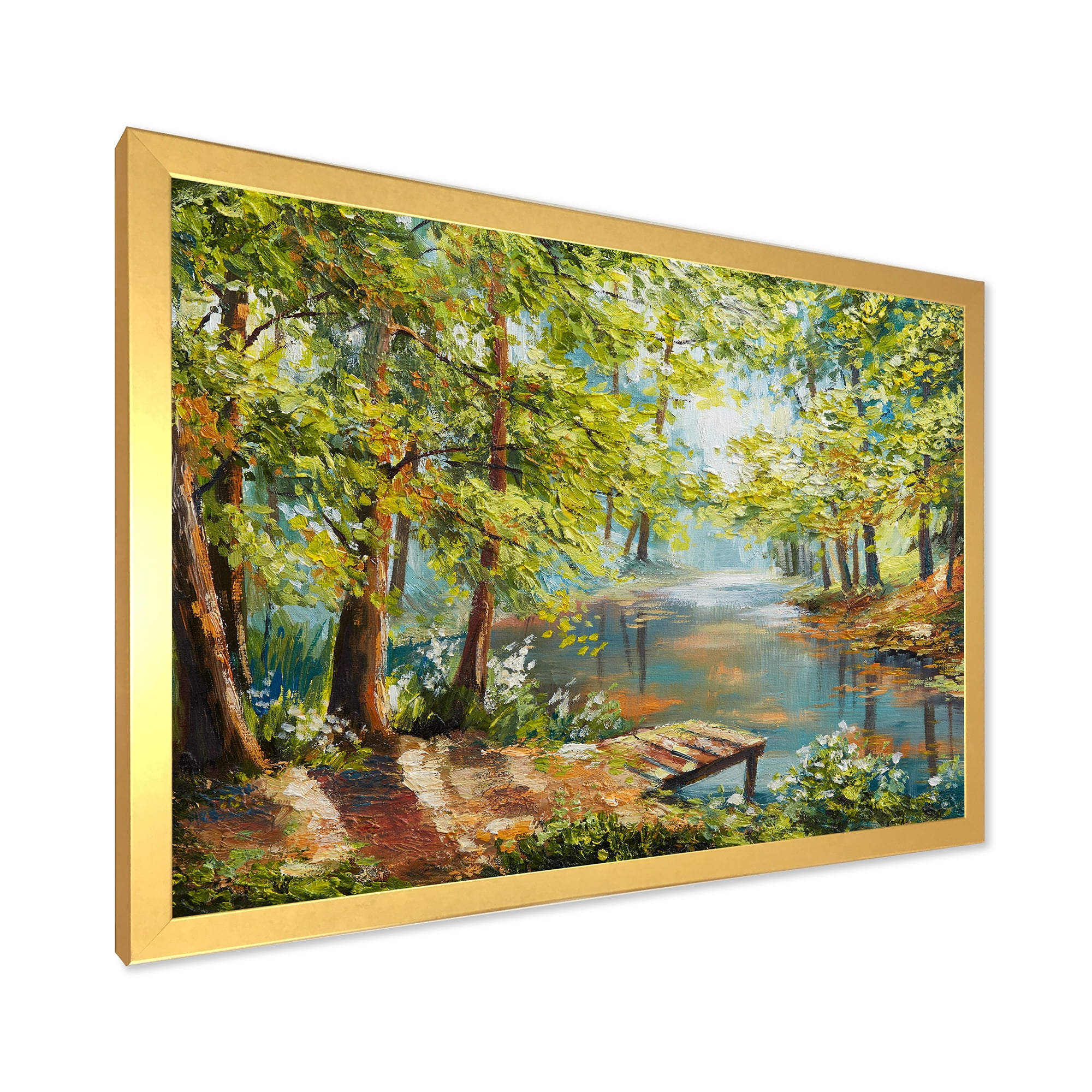 Meandering River With Autumn Forest 40 in x 30 in Framed Painting Canvas Art Print, by Designart