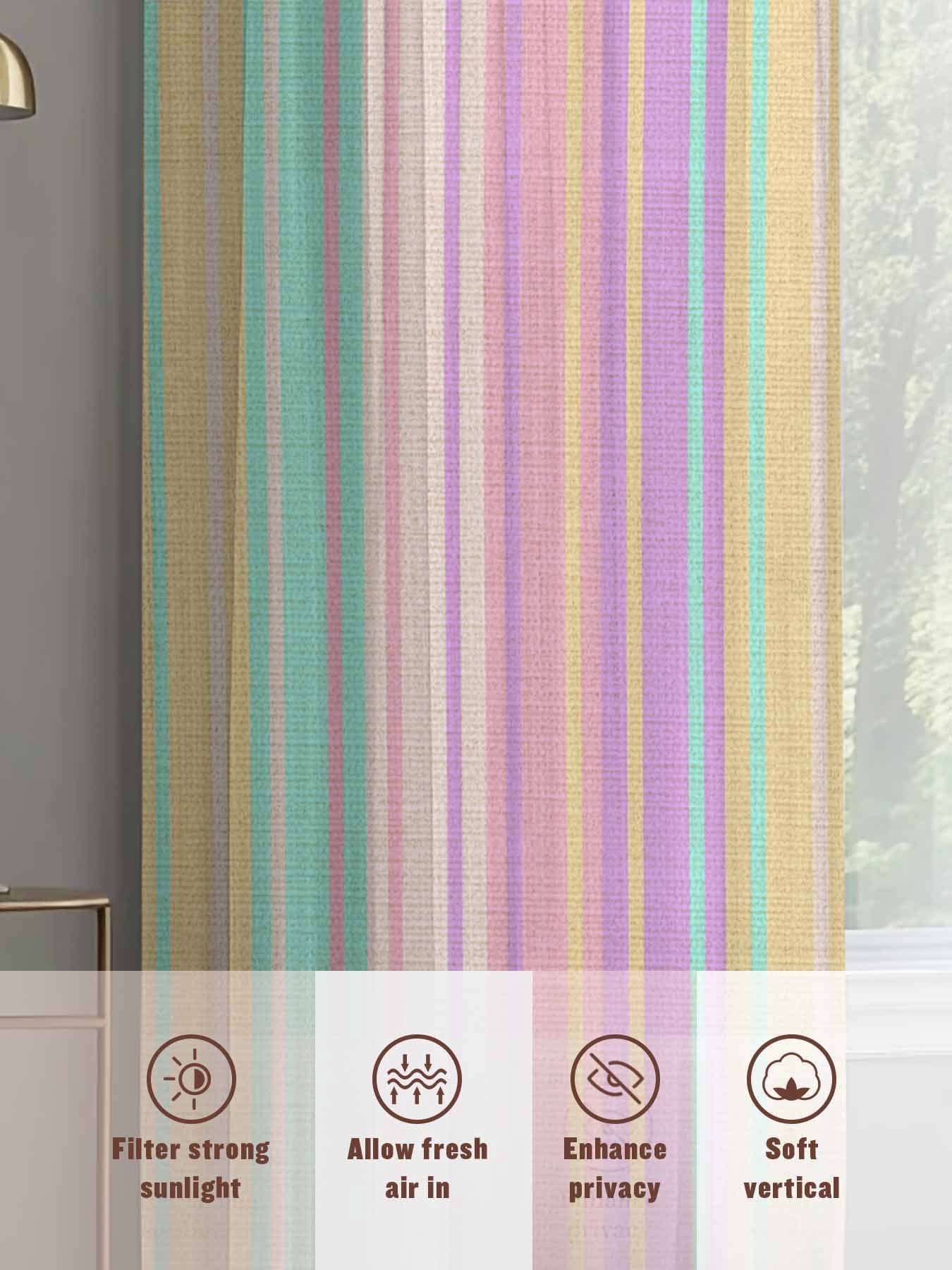 Sheer Curtains 72 Inches Long 2 Panels, Pastel Colors Vertically Striped Rod Pocket Curtain Voile Draperies, Modern Vintage Linen Light Filtering Window Treatment for Living Room Kitchen Bedroom