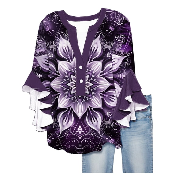 White Tops for Women Floral Print V Neck Blouses for Women 3/4 Ruffle Sleeve Shirts Casual Summer Tops