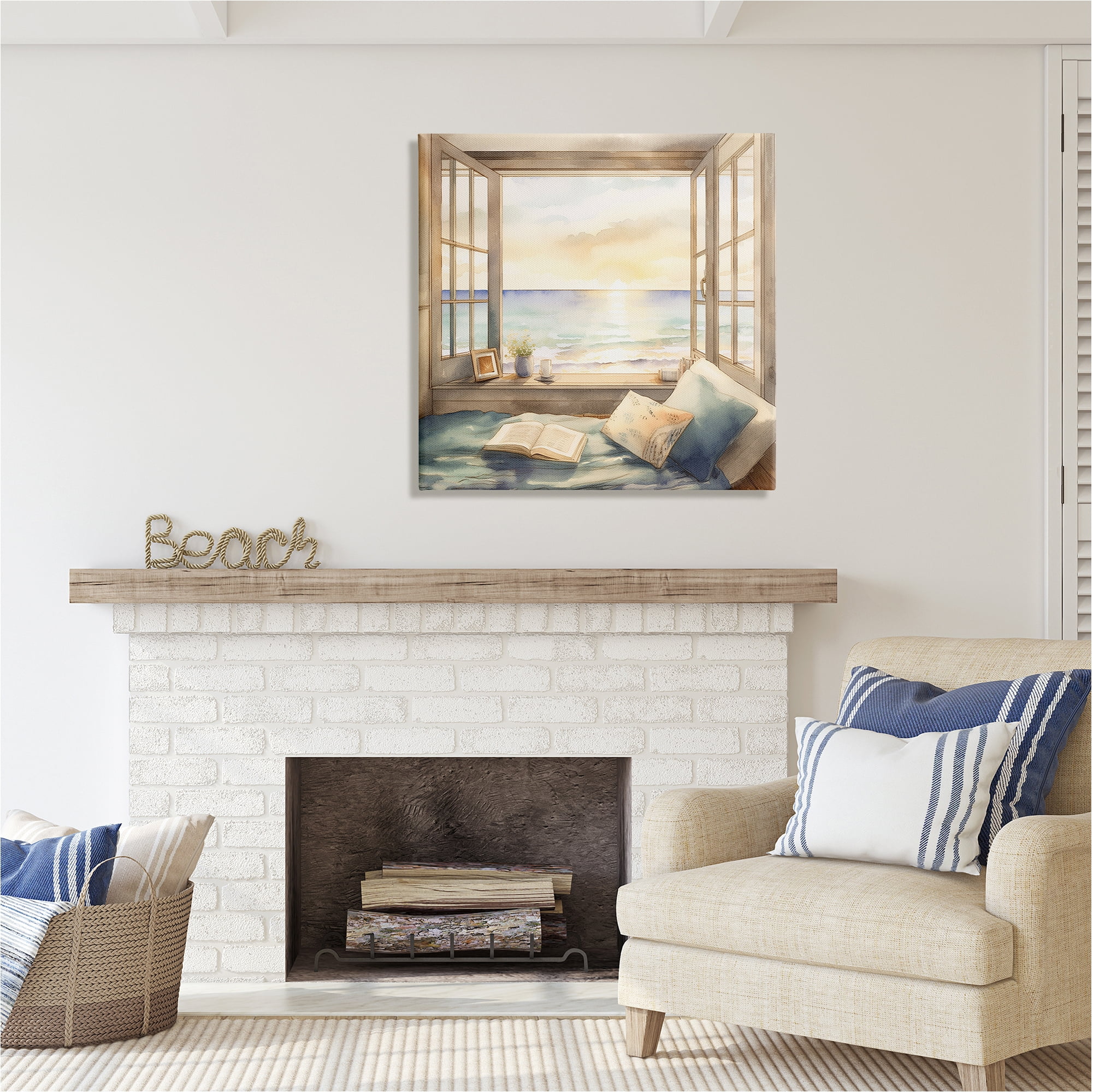 Stupell Industries Beach Window View Landscape Painting Gallery Wrapped Canvas Art Print Wall Art, 30 x 30
