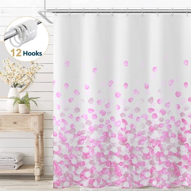 Dznils Cortina Shower de Tela de Pétalos de Rosa Rosa Cortina de Baño con Estampado Floral y Ganchos, 72 x 72