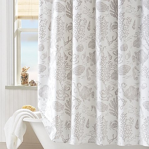 Shower Curtain Featuring Neutral Grey And A Laid Back Coastal Vibe