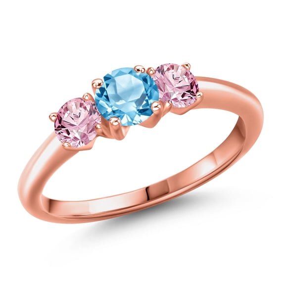 Gem Stone King 18K Rose Gold Plated Silver Swiss Blue Topaz and Pink Lab Grown Diamond Engagement Ring for Women | 1.15 Cttw | Round 5MM | Gemstone November Birthstone | Size 9