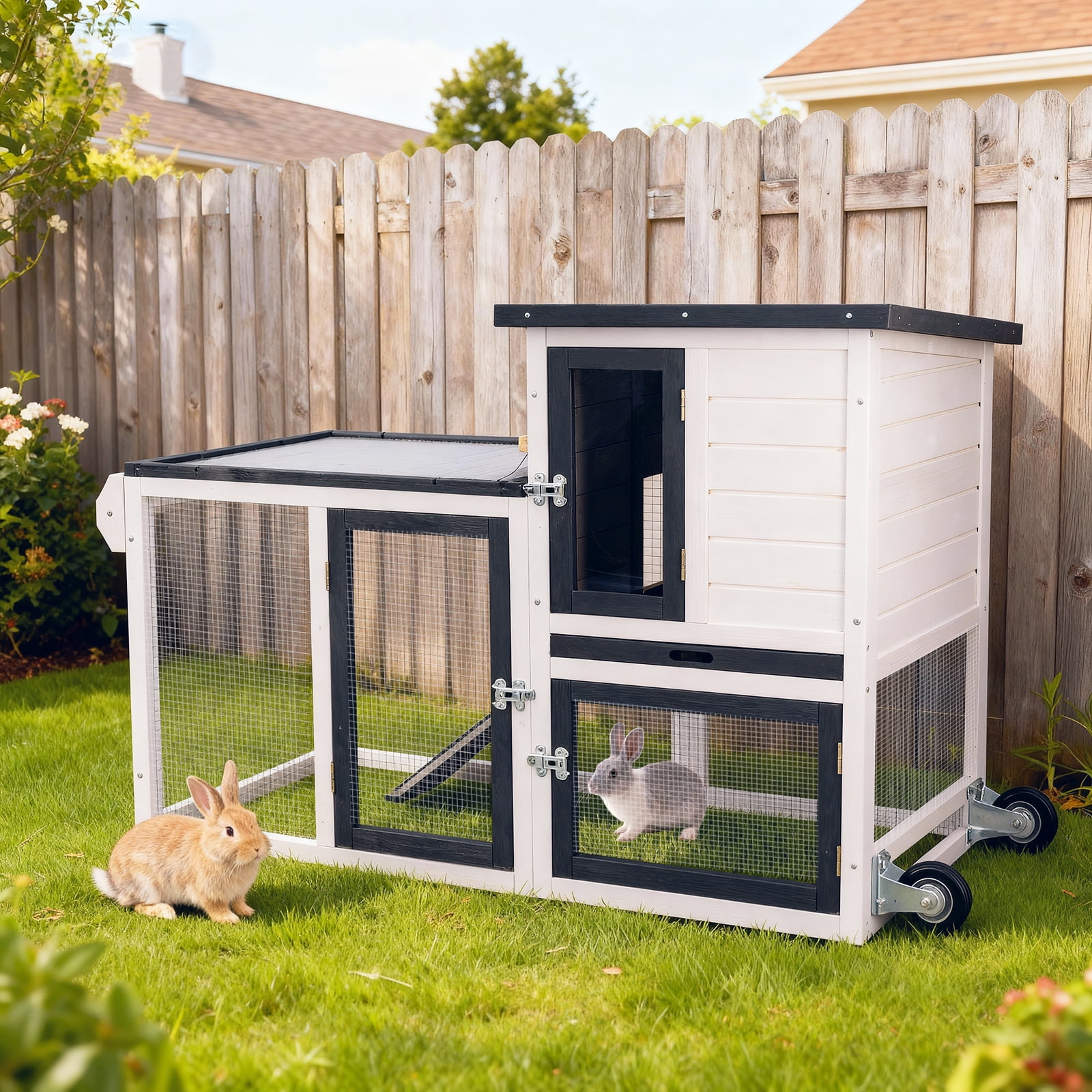 Rabbit Hutch Outdoor Indoor Bunny Cage Chicken Coop with Wire Floor Slide Out Tray, Chew-Resistant Ramp & Entrance Openable Roof Handle Wheels