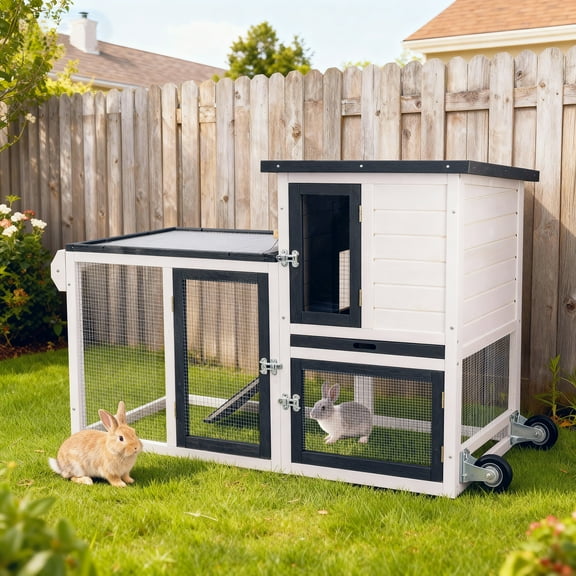 Rabbit Hutch Outdoor Indoor Bunny Cage Chicken Coop with Wire Floor Slide Out Tray, Chew-Resistant Ramp & Entrance Openable Roof Handle Wheels