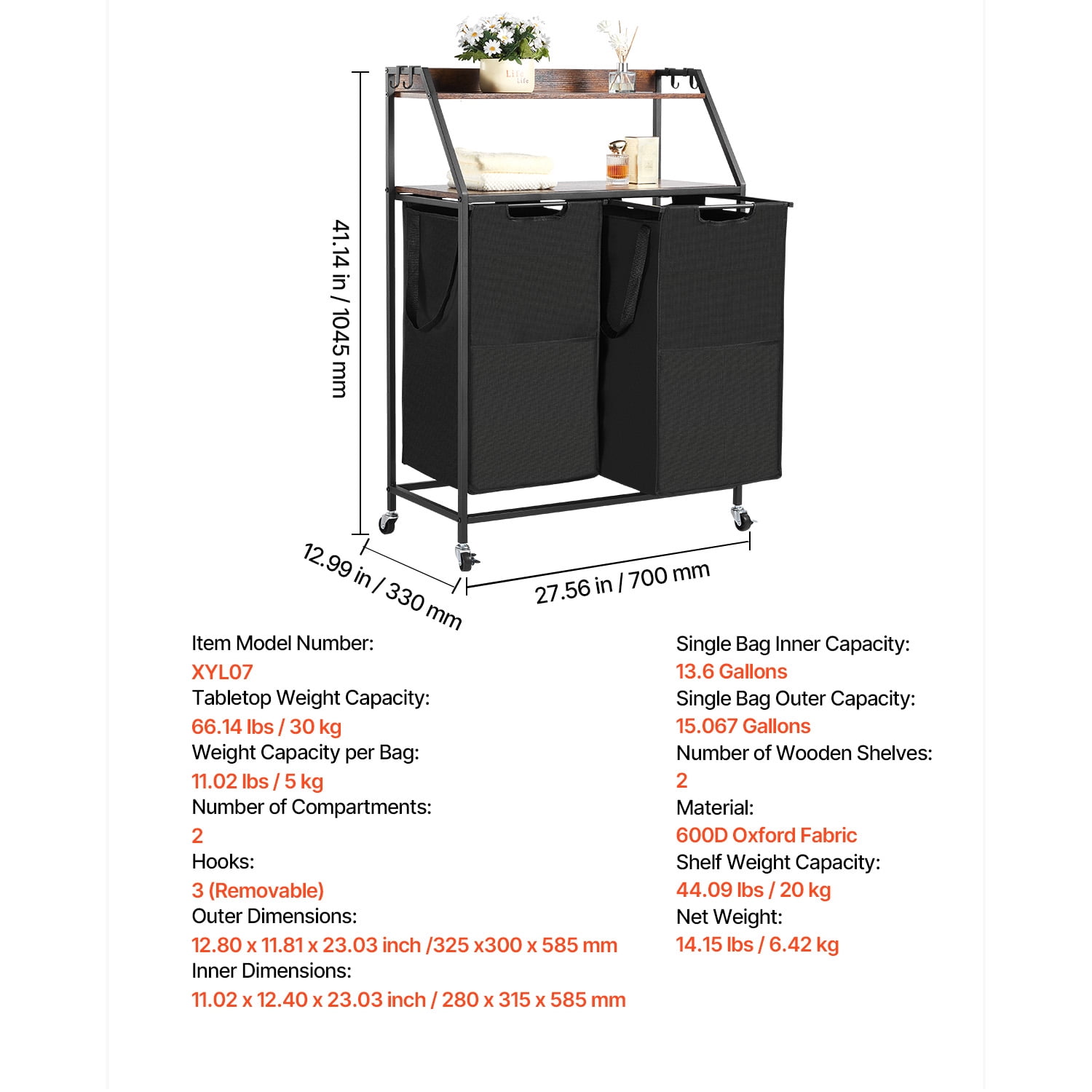 KFFKFF 2-Tier Laundry Organizer with Metal Frame and Wooden Top, Rolling Basket Storage with Ladder Shelves and Durable 600D Oxford Cloth Bags for Sorting Clothes