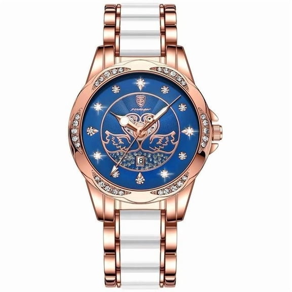 Explojoy Women's Luxury Quartz Watch – Rose Gold, Ceramic & Steel, Diamond Accents, Waterproof