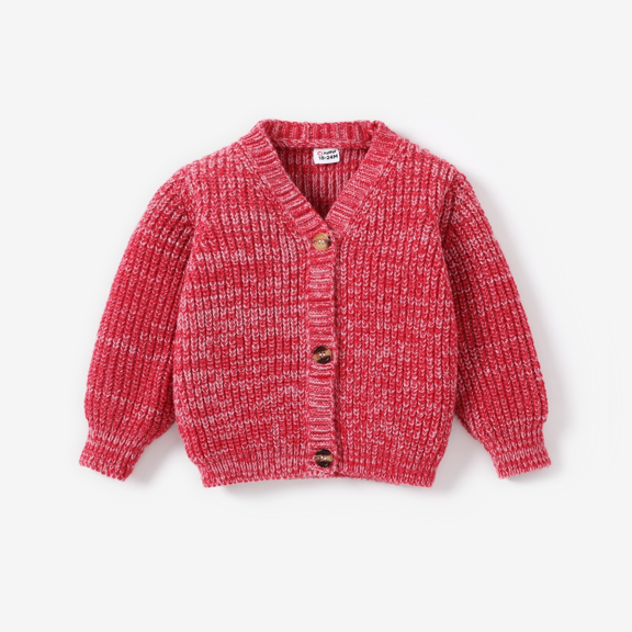 PatPat Toddler Girl Button Design Waffle Knit Sweater Cardigan Red/White Size 18-24 Months