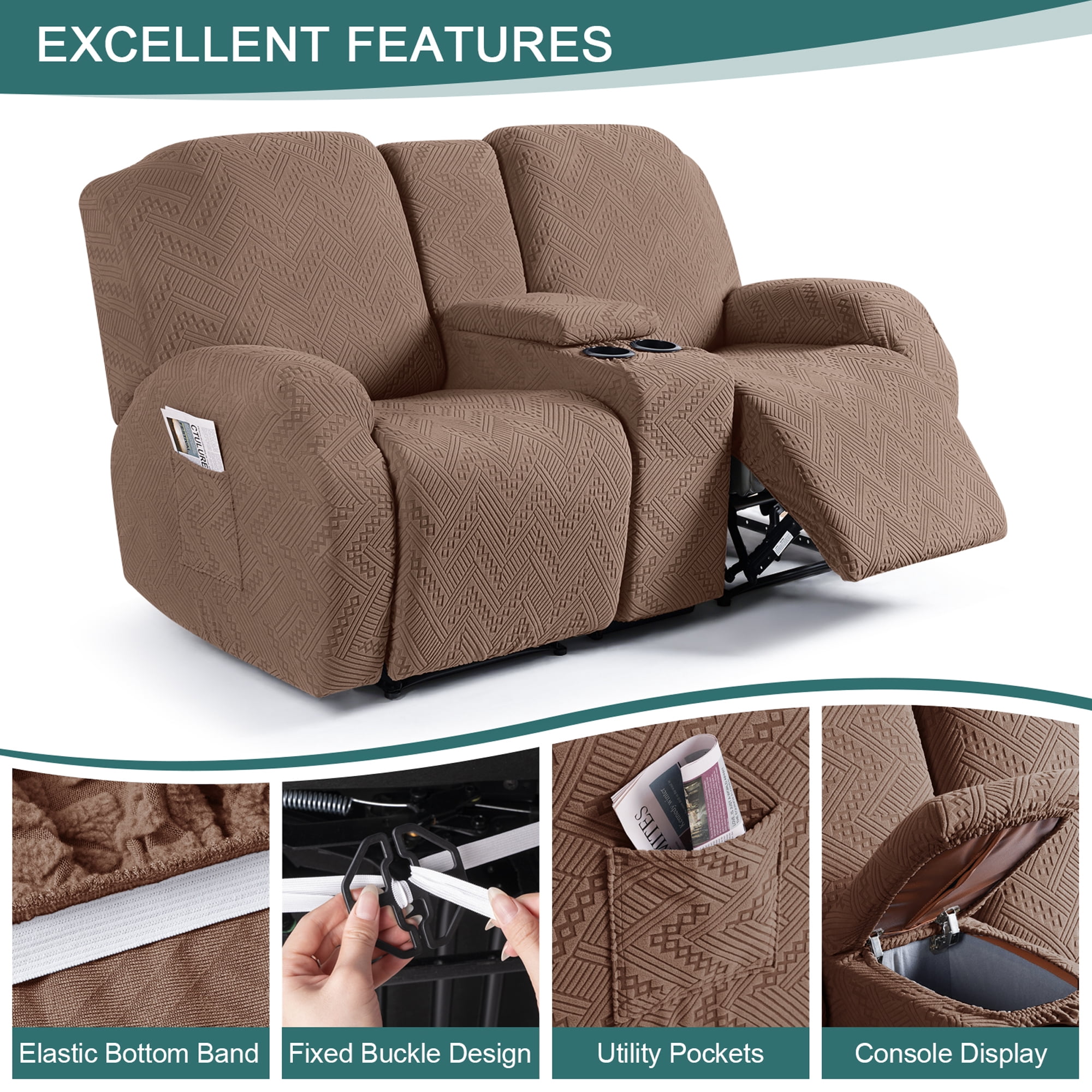 TAOCOCO Durable 4-Pieces Stretch Loveseat Recliner Slipcovers with Console, Jacquard Reclining Sofa Covers for 2 Seater Couch with Pockets Sofa Protector, Brown