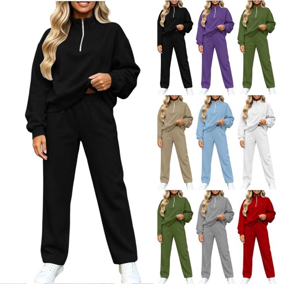 Jerdar Womens 2 Piece Lounge Sweat Sets Quarter Zip Mock Neck Sweatshirt Wide Leg Sweatpants Oversized Side Pockets Casual Airport Travel Outfits L
