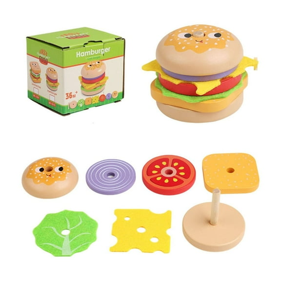 BUTOMKY Montessori Wooden Burger Stacking Toy - Educational Fine Motor Skills Preschool Learning Blocks, Pretend Play Food Set for Toddlers 2-5, Perfect Gifts for Boys & Girls